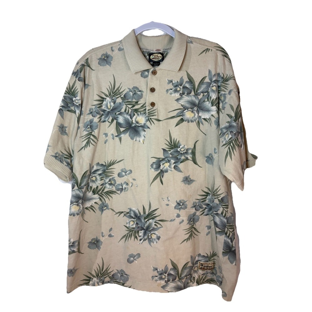 Tommy Bahama Floral Polo Shirt Mens L Beige Short Sleeve Tropical Beach *stain*